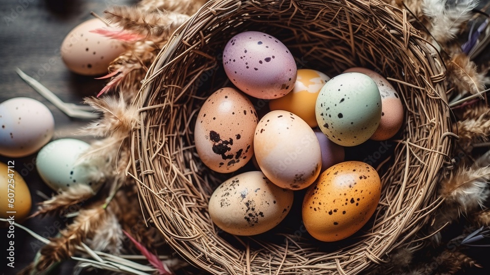 Obraz premium Easter background with Easter eggs in the basket Generative AI