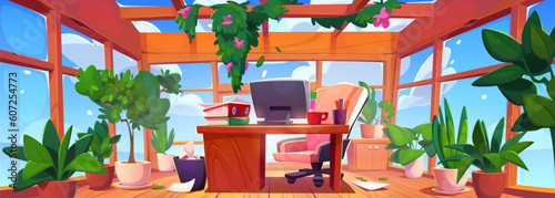 Cartoon glass office interior with furniture. Vector illustration of home office on balcony with computer and documents on desk, comfortable armchair, green plants on floor and ceiling, blue sky view