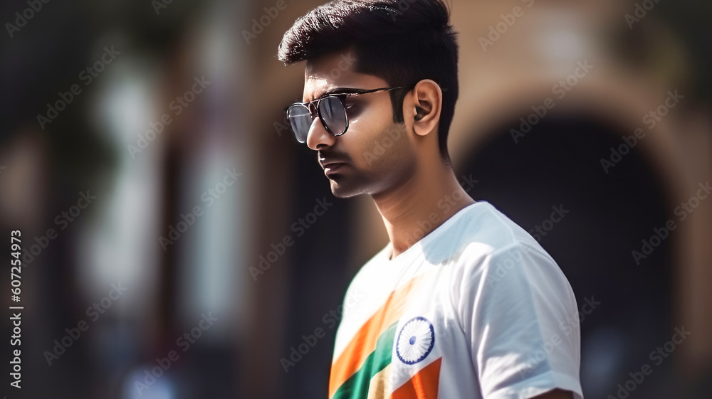Fototapeta premium A young Hindu male wearing T-shirt with Indian Independence Day symbols. Concept national Indian holiday Generative AI
