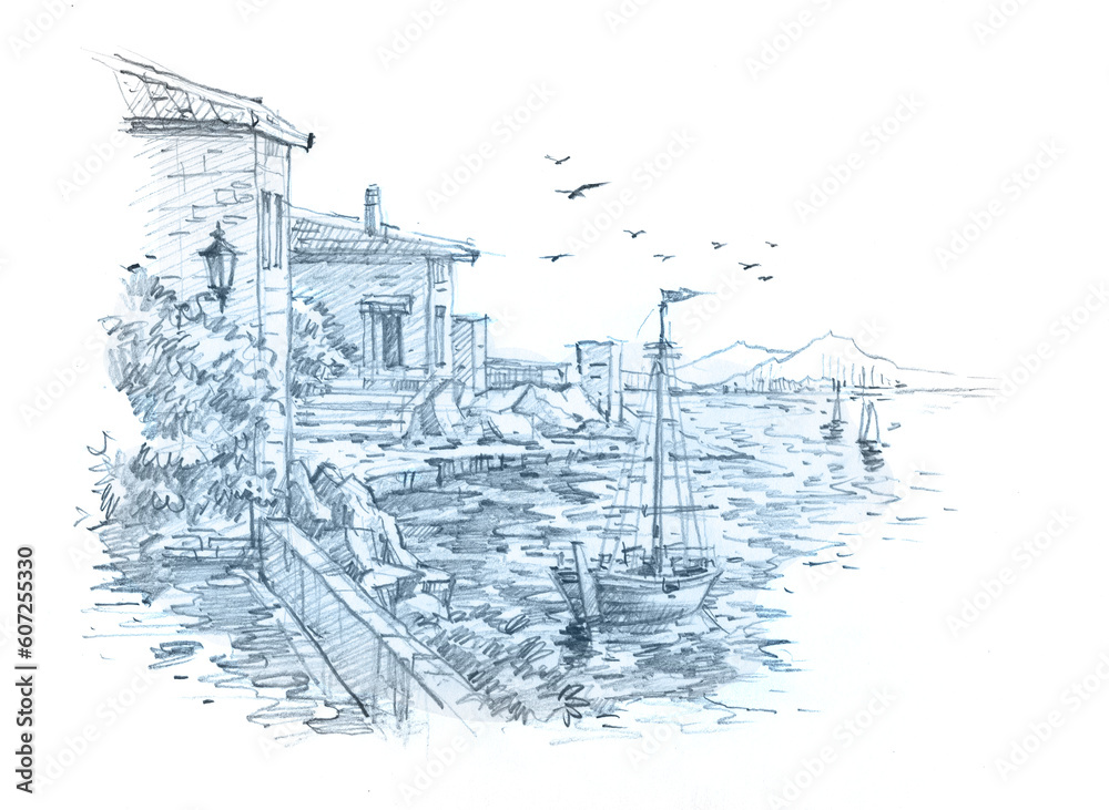 sketch of the city and seascape pencil drawing for card decoration illustration