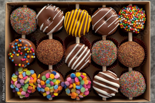 A collection of delicious chocolate lollipops with various colourful sprinckles on top, in a cardboard tray Generative AI