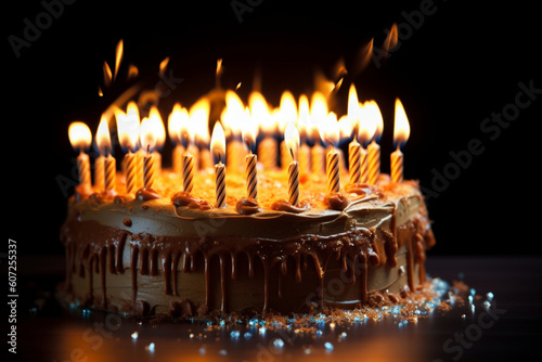 A birthday cake with lighted candles on a black background. Shallow DOF with focus on the center row of candles. Generative AI