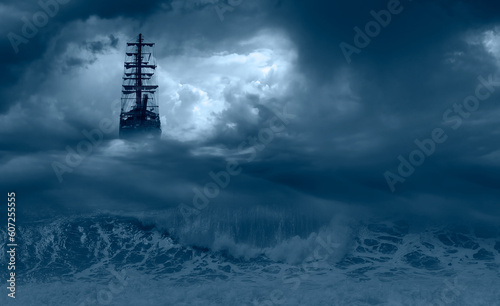 Fantasy background Flying old ship in the stormy clouds 