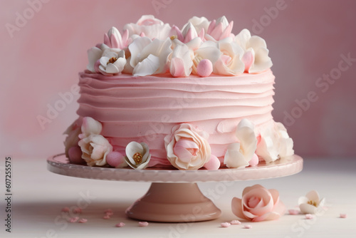 Cake decorated with pink meringues. Cake for a girl Generative AI