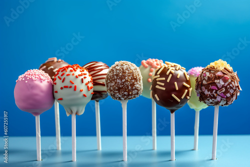 Cakepops. Eight different ones against blue background. Generative AI © Muhammad Shoaib