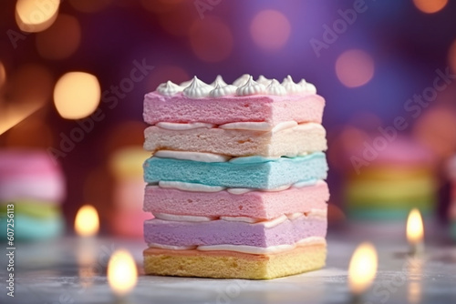 Concept of holiday or birthday. Multicolor five layer cake with colored marshmallow on the top and defocused lights as background. Generative AI