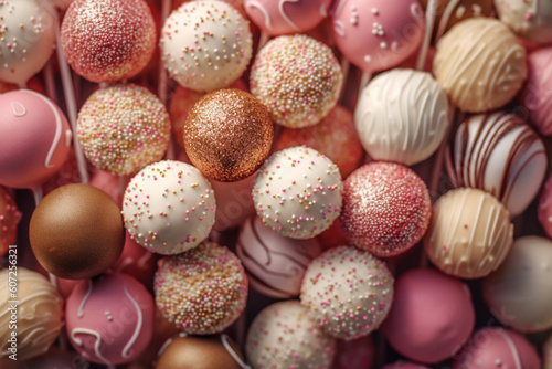 Different variants of cake pops background. Above. Generative AI