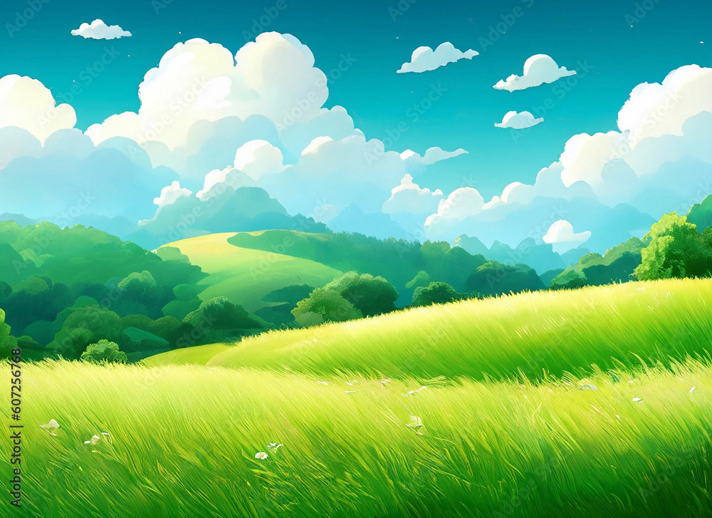 Fototapeta premium green field and blue sky with clouds