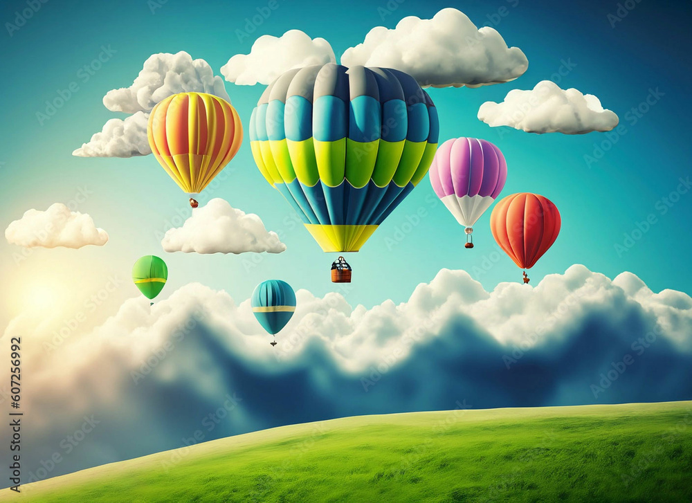 Fototapeta premium Colorful hot air balloons flying over mountain 