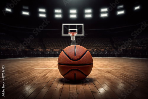 Low Angle View Of Basketball Indoor Court With Ball Illuminated By Lights On Ground And Bleachers Are Seen In Background - Generative AI