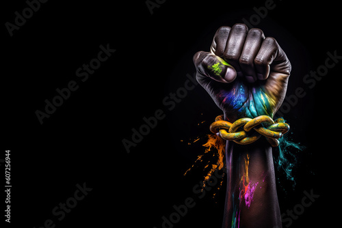 Powerful Fist With Colors And Chains Symbolizing Equality And Depicting Black Peoples Struggle For Equal Rights - Generative AI