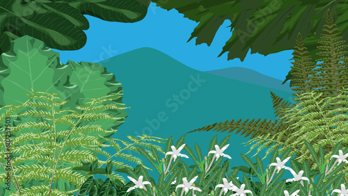 Various types of tropical forest plants with mountain view  illustration background vector