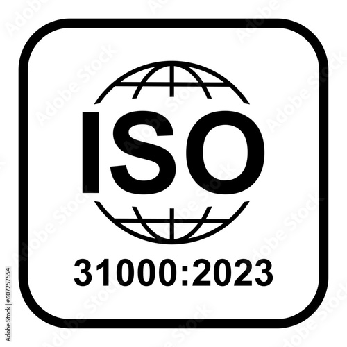 Iso 31000 2023 icon. Risk Management. Standard quality symbol. Vector button sign isolated on white background