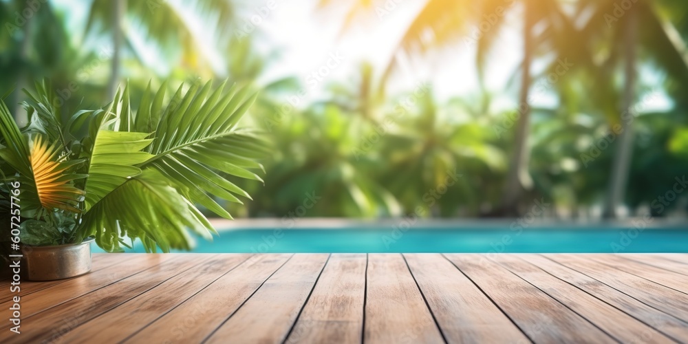 Light wooden table top with tropical background. Products presentation concept Light wooden table top with tropical background. Products presentation concept