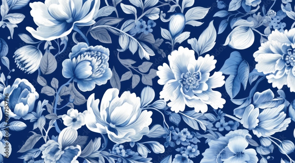 The blue and white floral pattern in a delicate shading style blends with the background painting. The blue and white floral pattern in a delicate shading style blends with the background painting.
