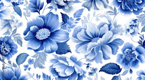 The blue and white floral pattern in a delicate shading style blends with the background painting.