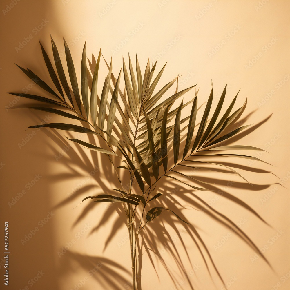beige background with palm tree leaves and shadows. Created with generative AI technology. beige background with palm tree leaves and shadows. Created with generative AI technology.