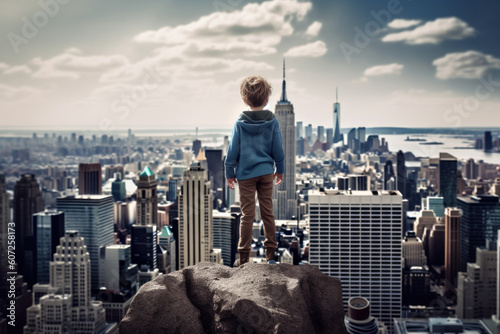 Kid Looking over City on hill