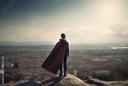 Super Hero Kid Looking over City
