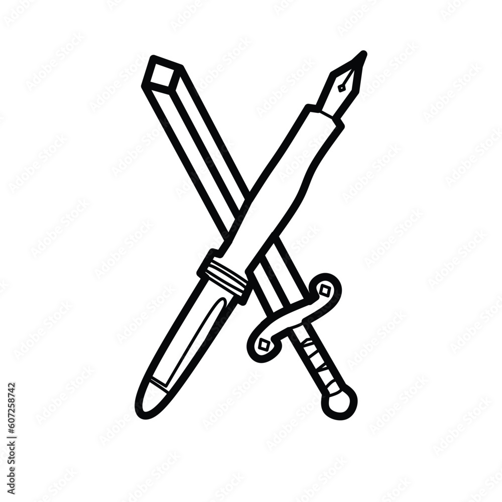 sword and pen silhouette icon. Vector on white background sword and pen silhouette icon. Vector on white background