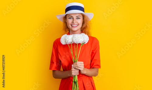 photo of happy retro summer woman with flowers. retro summer woman with flowers