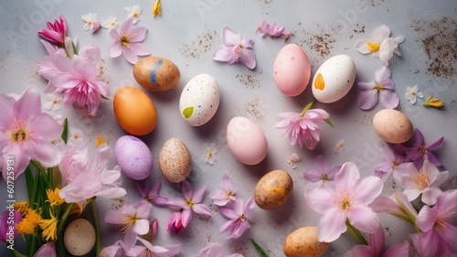 Easter background with Easter eggs and spring flowers Generative AI