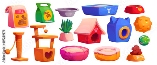 Pet shop interior isolated vector cartoon clipart. Animal toy and food indoor supermarket to buy clipart. Petshop business with domestic puppy goods and supplies. Playful scratching and doggy sleep
