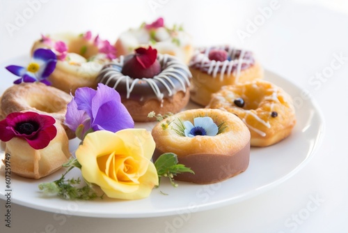 A selection of fresh, colorful pastries, arranged on a white platter and garnished with edible flowers. (Generative AI)
