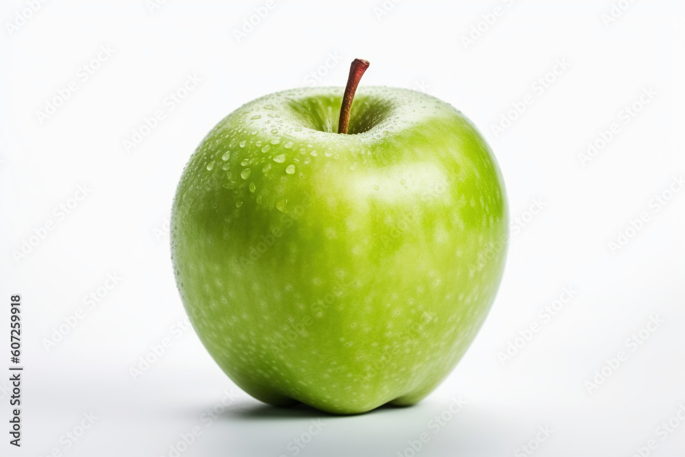 A fresh green apple highlighted on a white background. Generative AI illustration.