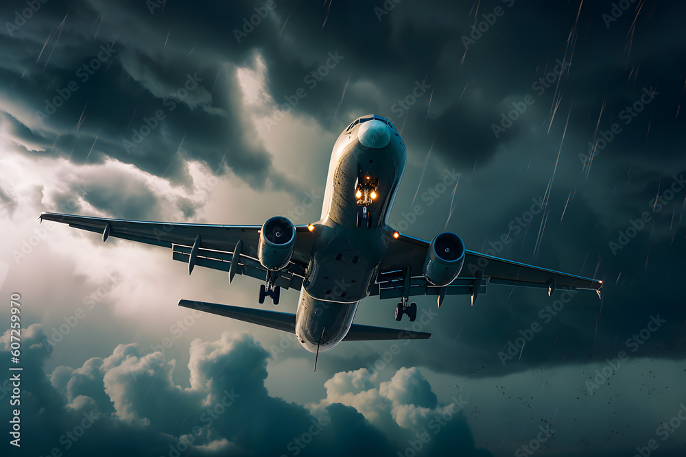 Airplane approach at the airport landing in bad weather storm hurricane rain fall stripes llightning strike. Generative AI - obrazy, fototapety, plakaty 