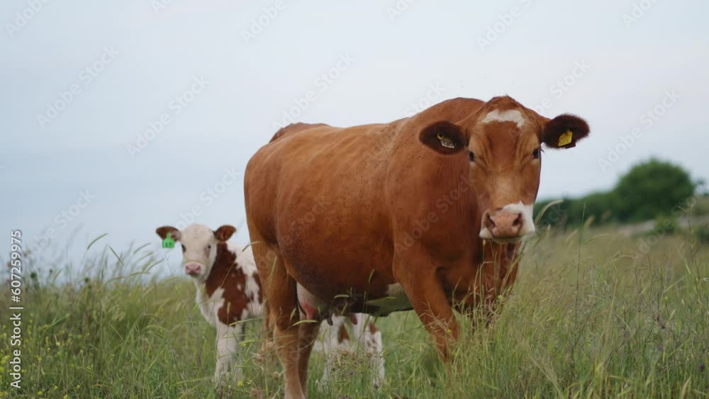 Adult cow standing in a field with a calf behind it Adult cow standing in a field with a calf behind it