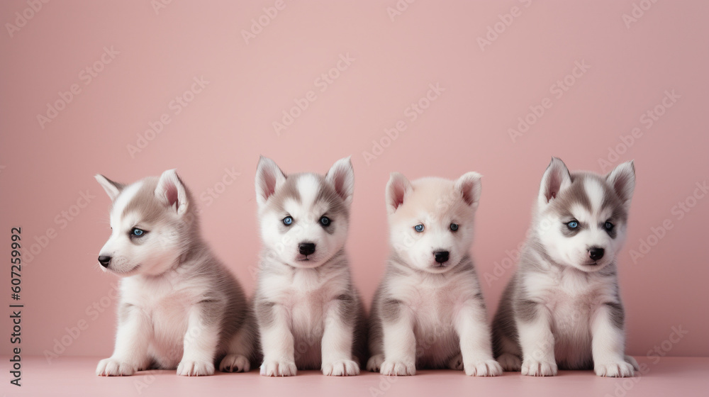 Cute excited Siberian Husky puppies on a minimalistic background. Generative AI