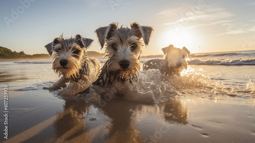 Happy schnauzer puppies splashing in a river. Generative AI