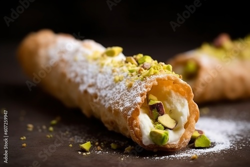 A close-up view of a traditional Italian cannoli, with its crispy shell and creamy ricotta filling. (Generative AI)