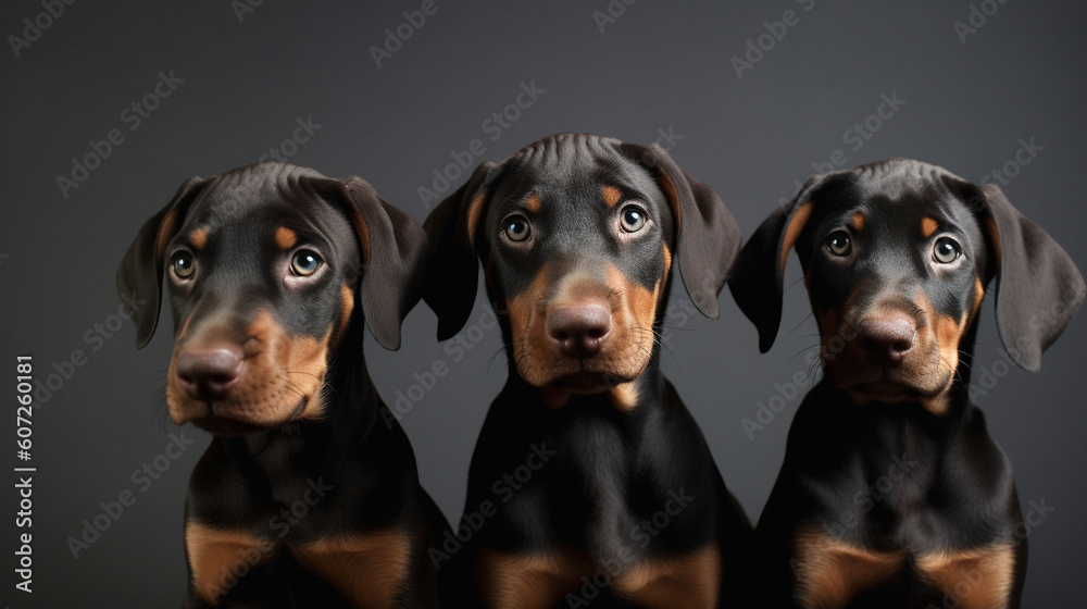 Excited Doberman puppies on a minimalistic background. Generative AI