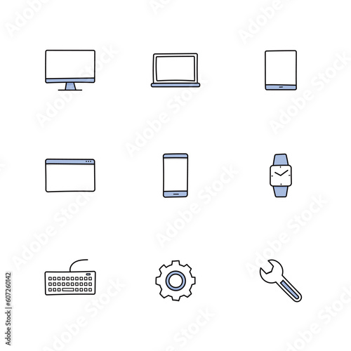 手描きアイコンセット｜デスクトップパソコン・ノートパソコン・スマートフォン・タブレット・スマートウォッチ