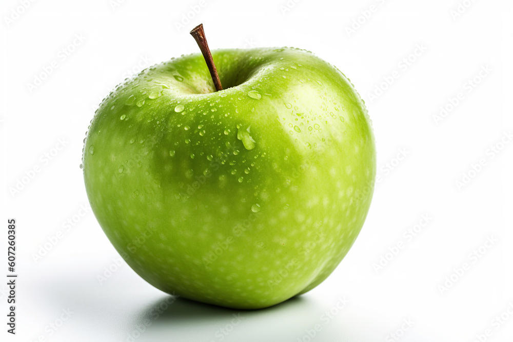 A fresh green apple highlighted on a white background. Generative AI illustration. A fresh green apple highlighted on a white background. Generative AI illustration.