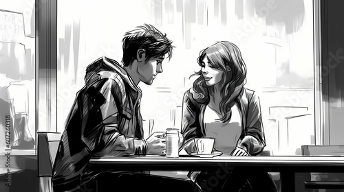 Two Friends Meeting In Coffee Shop. Generative AI © Alex Bur