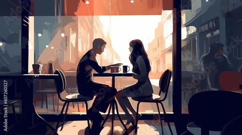 Two Friends Meeting In Coffee Shop. Generative AI