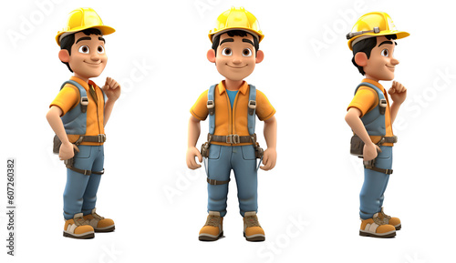 3D cartoon character of male construction worker with helmet and gear.  Generative AI.