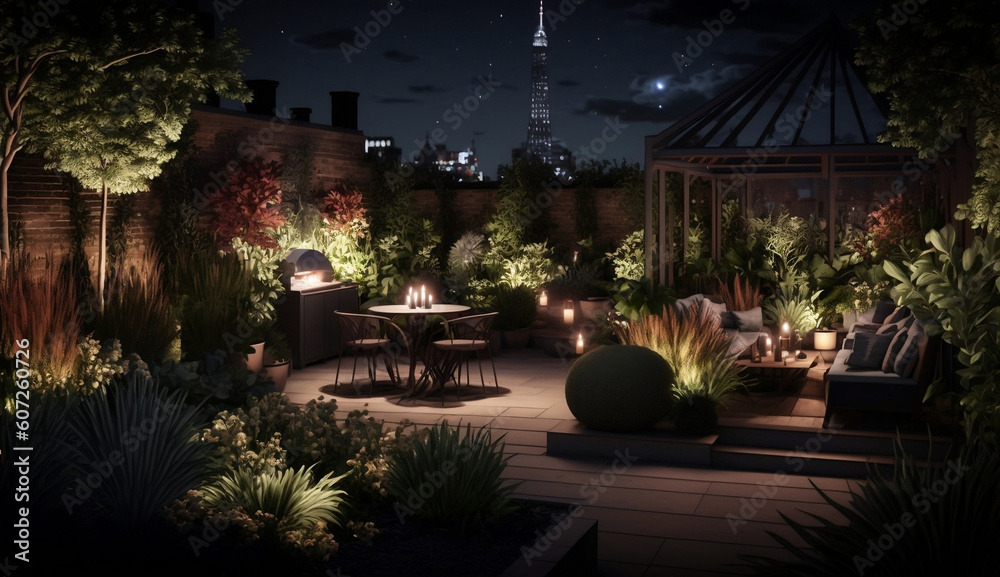a night rooftop garden, illustration, Generative AI a night rooftop garden, illustration, Generative AI