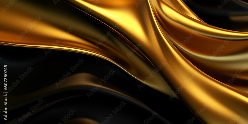 Abstract Background with 3D Bright Golden Waves with liquid emulsion style and shiny black Gradient Silk Fabric, Abstract Background with 3D Bright Golden Waves with liquid emulsion style and shiny black Gradient Silk Fabric,
