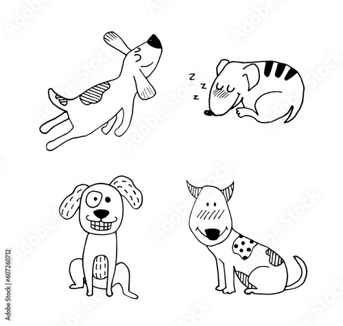 Funny dogs doodle set. Hand draw cute dogs in sketch style