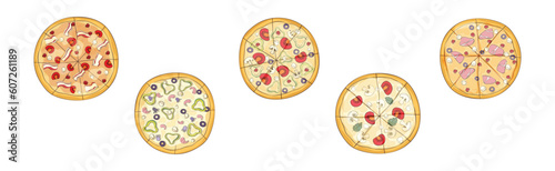 Traditional Italian Pizza of Round Shape Above View Vector Set