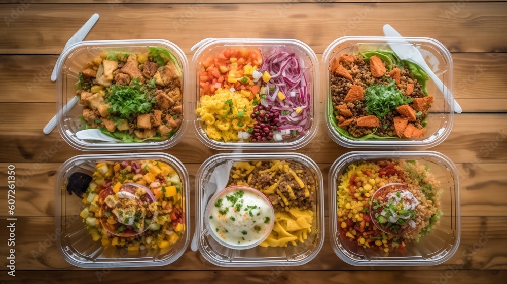 A view of several entrees prepared inside to-go Generative AI A view of several entrees prepared inside to-go Generative AI
