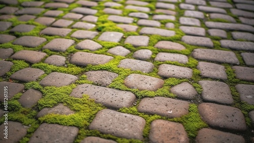 Cobblestoned pavement green moss between brick background Generative AI