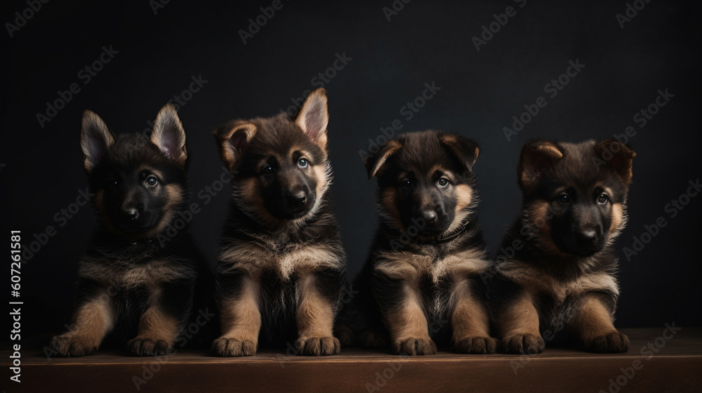 Cute excited German Shepherd puppies on a minimalistic background. Generative AI