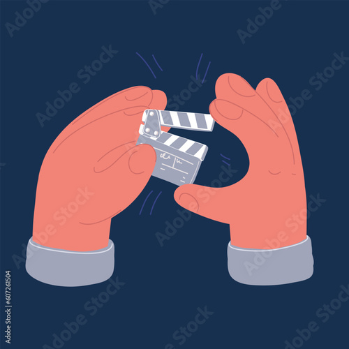 Cartoon vector illustration of hands holding a clapperboard, a device used in filmmaking and video production to assist in synchronizing picture and sound