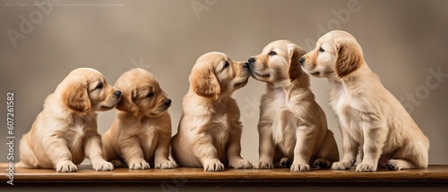 Golden retriever puppies rest on a minimalistic background. Generative AI