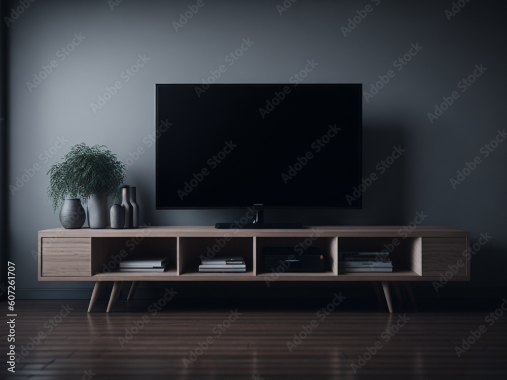 TV on wooden cabinet in modern living room interior. 3d render. AI generated.